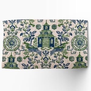 Blue & Green Chinoiserie Pagoda Rod Pocket Valance 32” x 17” Unlined
